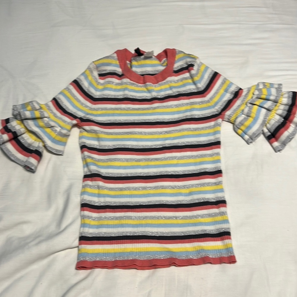 Pastel colored Striped ruffled sleeve ribbed knit top size L